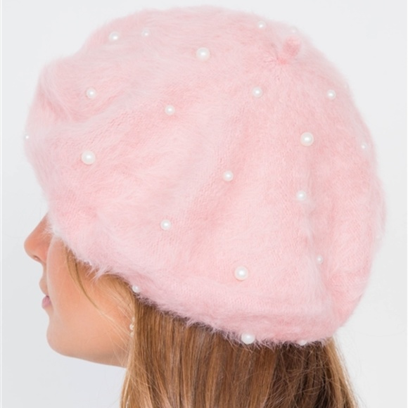 Last 1! PINK or IVORY KNIT FUZZY PEARL BERET - Picture 2 of 8